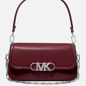 NWT $498 Michael Kors Parker Convertible Pochette Merlot Leather  Silver Logo
